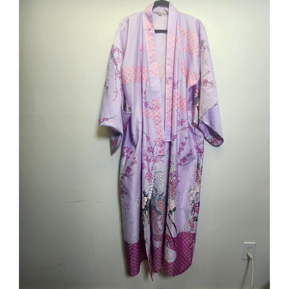 Maruky Other - Vtg Maruky Kyoto Tokyo Kimono Wrap Robe Lavender Satin Cherry Blossoms Maxi